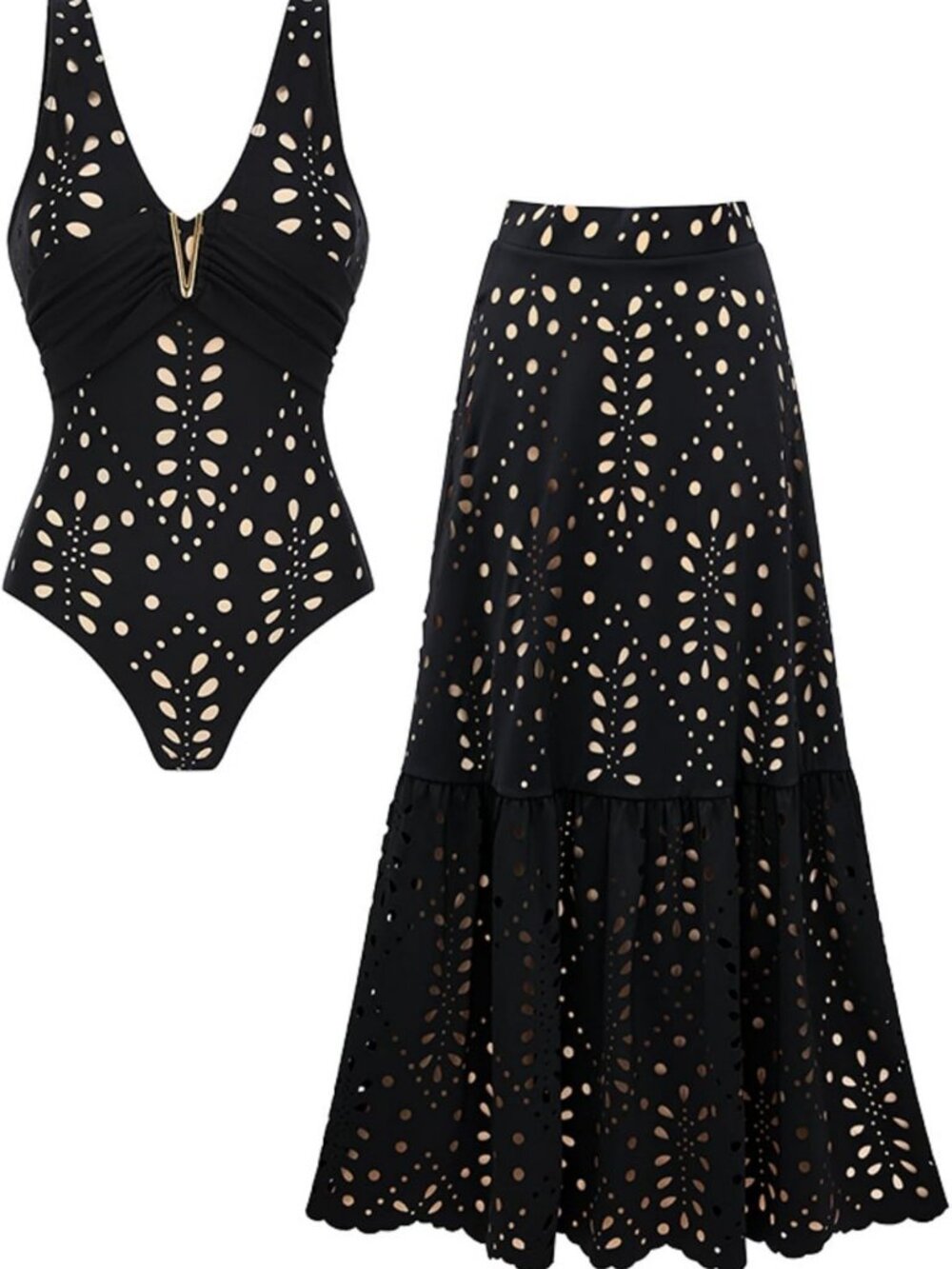 Stylish V-Neck Laser Cut Floral Swimsuit with Matching Skirt - Summer Ready!
